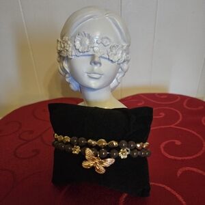 Gold and Brown Beaded Butterfly Charm Stretch Bracelet Set